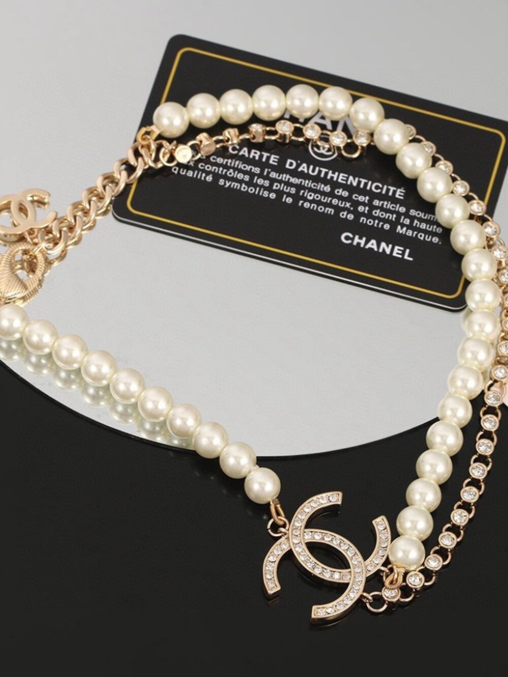 Chanel Pearl & Crystal Double CC Logo Necklace